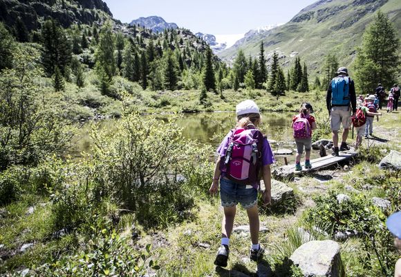 Kinder wandern mit Rucksäcken entlang eines Baches durch ein grünes Hochtal. Begleitet von Erwachsenen entdecken sie spielerisch die Natur – ein Familienabenteuer in den Bergen.